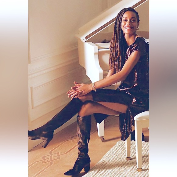 Anthropologie Maeve Kara Sequined Dress Short Sleeve Slit Embellished XS - Picture 6 of 12